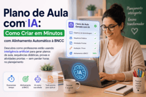 Professora sorrindo usando laptop com plano de aula gerado por IA e alinhamento automático à BNCC pelo AulaFlow