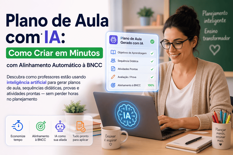 Professora sorrindo usando laptop com plano de aula gerado por IA e alinhamento automático à BNCC pelo AulaFlow